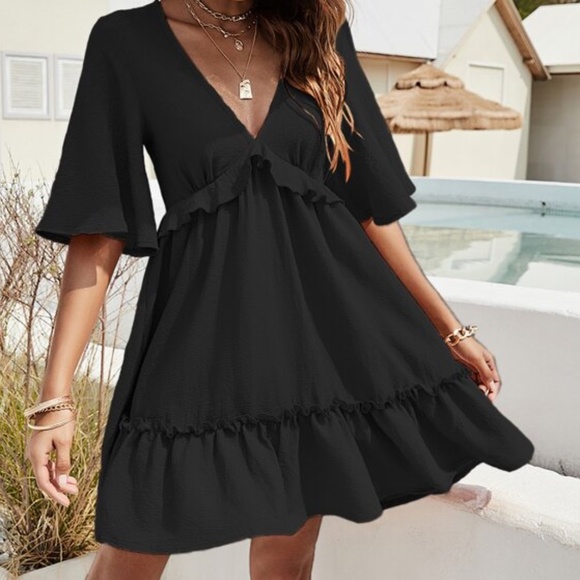 Boho White  V neck Ruffle Butterly Sleeve Dress - Picture 10 of 16